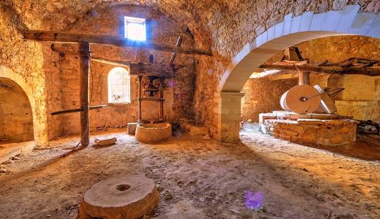 Historic stone mill interior, Chania region